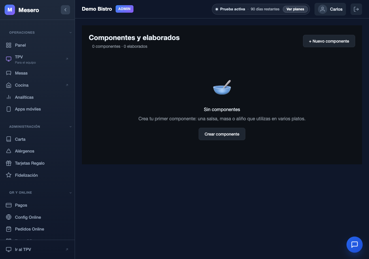 Captura de pantalla de Mesero: Componentes y productos elaborados