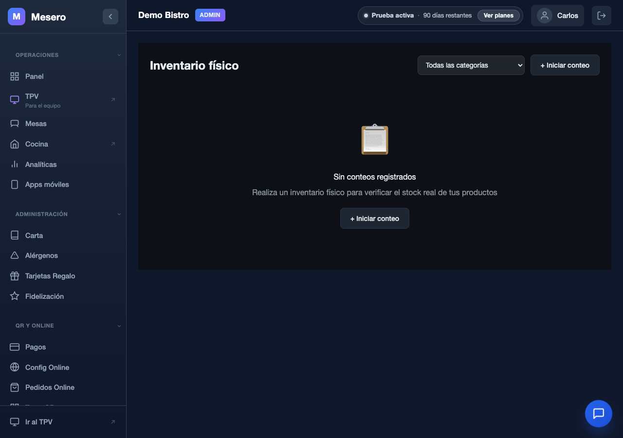 Captura de pantalla de Mesero: Conteo y regularización