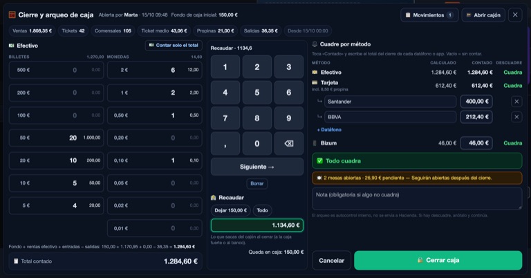 A venue’s till close in Mesero (Spanish interface), with the cash counted by notes and the reconciliation by payment method, with no differences.