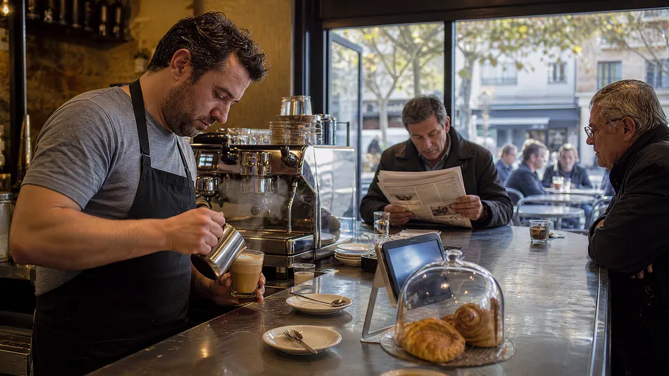 A barista pours a milky coffee at the bar of a café, with the terrace full behind.. Illustrative scene, AI-generated.
