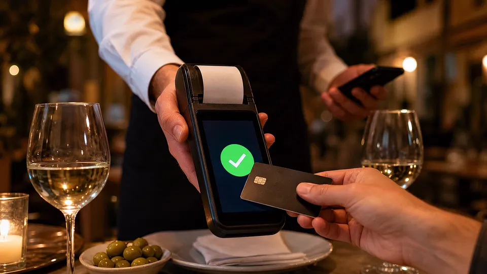 Un camarero acerca el datáfono a la mesa y el cliente paga con la tarjeta; en la otra mano lleva el móvil. Escena ilustrativa generada con IA.
