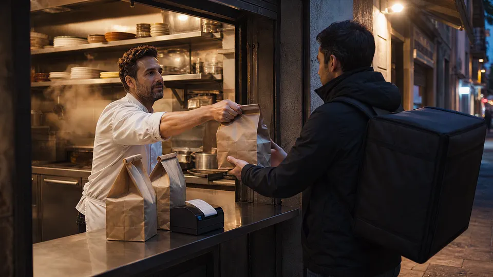A cook hands an order bag to a rider at the pickup window.. Illustrative scene, AI-generated.