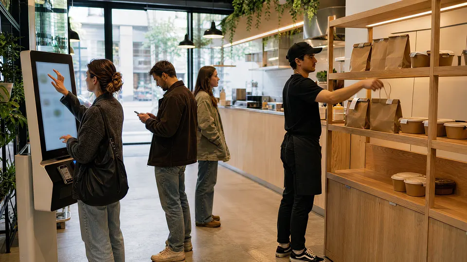 Clientes en un fast casual: una pide en el kiosko y un empleado deja una bolsa en la estantería de recogida.. Escena ilustrativa generada con IA.