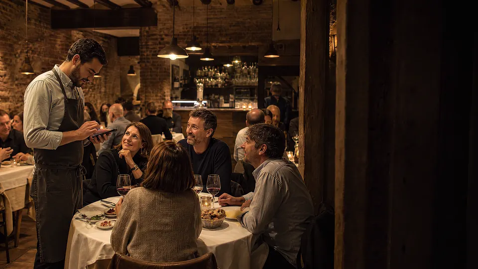 A waiter takes an order on his phone beside a table of four in a full restaurant.. Illustrative scene, AI-generated.