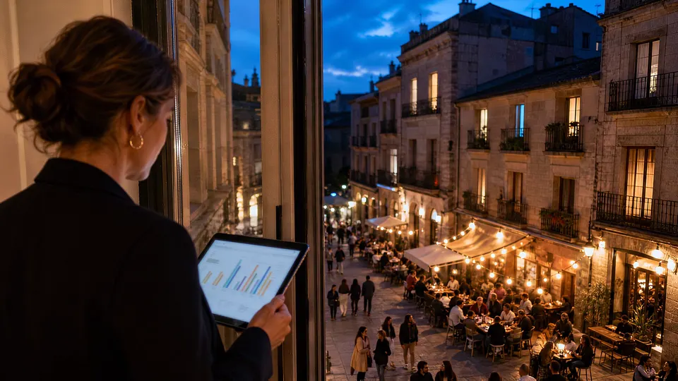 The head of a restaurant group looks down at three lit terraces from a window, a tablet in her hand.. Illustrative scene, AI-generated.