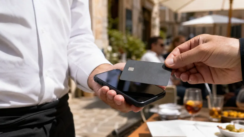 En una terraza, un cliente acerca su tarjeta al móvil que sostiene el camarero. Escena ilustrativa generada con IA.