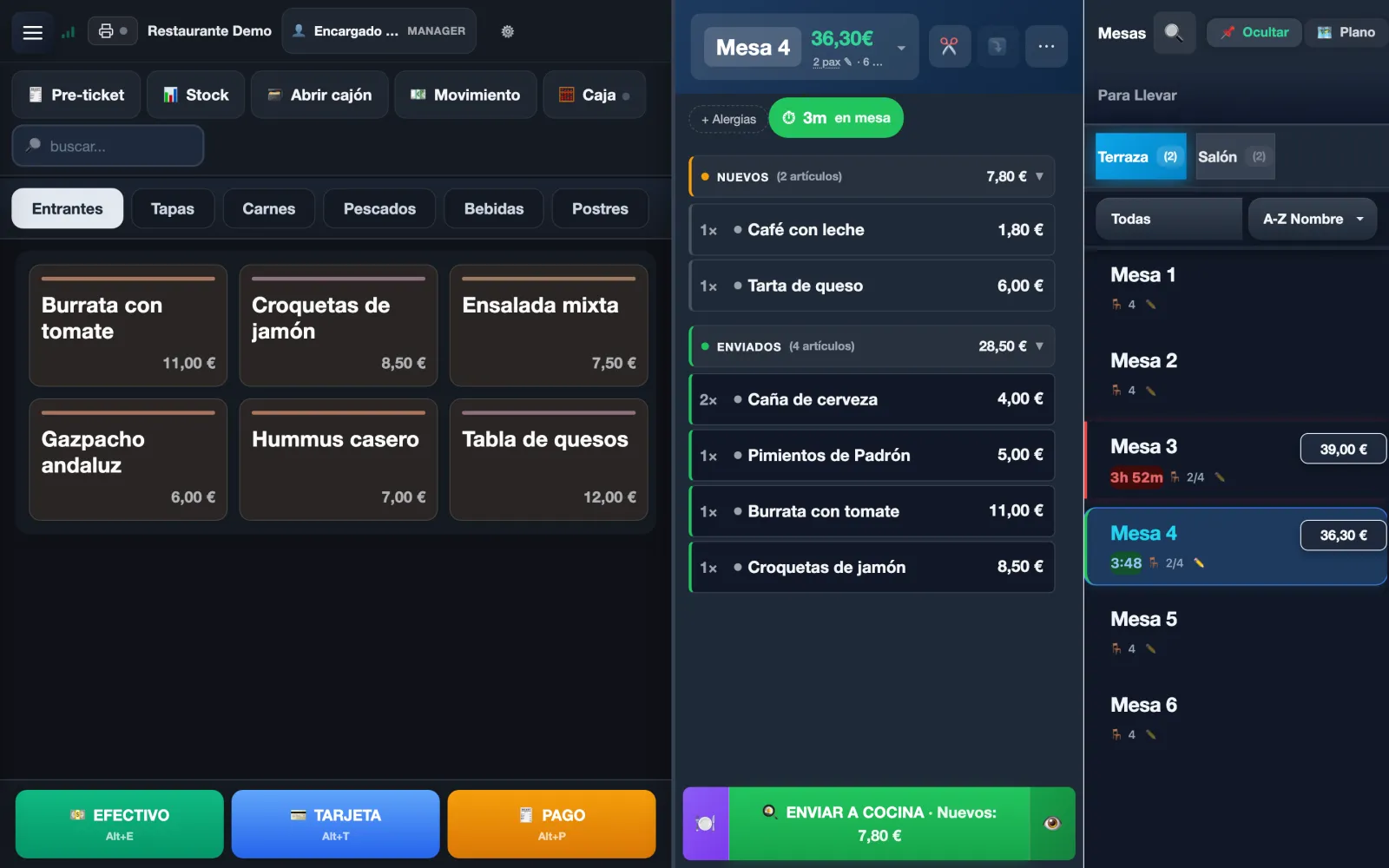 Mesero's POS on a tablet (Spanish interface): the menu on the left, Table 4's bill in the middle and the terrace tables on the right.