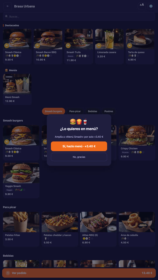 The kiosk asks whether to make the burger a meal deal for 3.40 euros more.