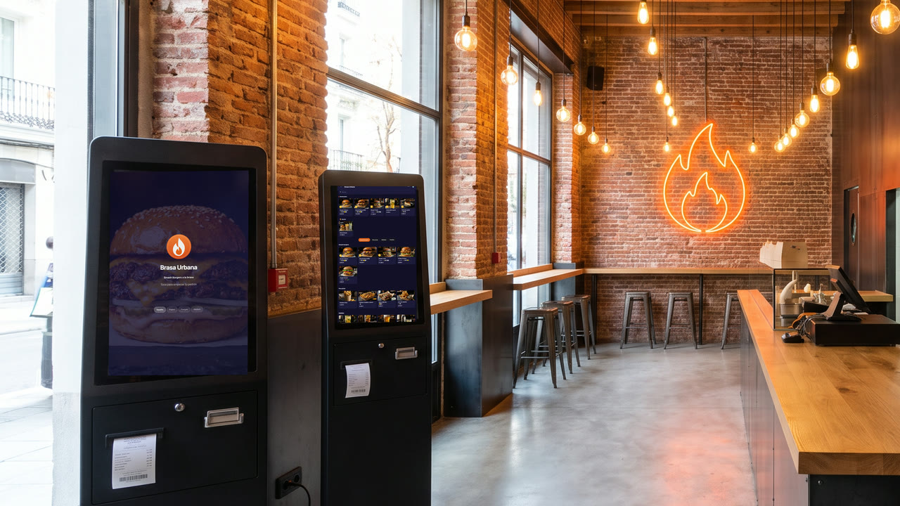 Two self-service ordering kiosks by the entrance of a burger restaurant, with the menu on screen.