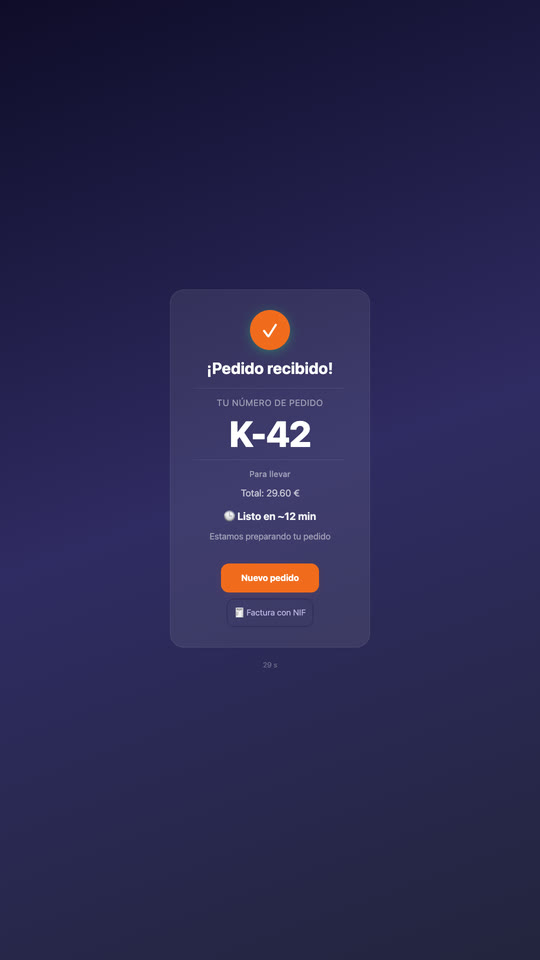 Order received: order number K-42, takeaway, the total and the estimated time.