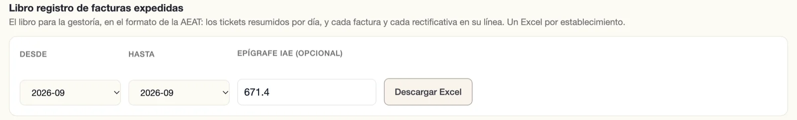 Admin › Invoices (Spanish interface): the register of invoices issued, with the dates, the IAE code and «Descargar Excel».