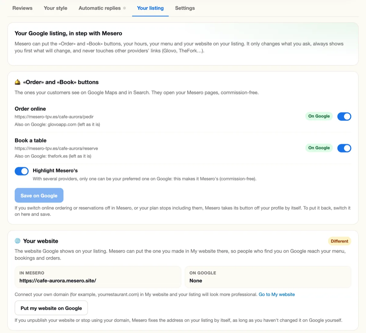 The «Your listing» tab in Google reviews, for a sample venue: the «Order online» and «Book a table» buttons, «Highlight Mesero's» and the «Your website» card.
