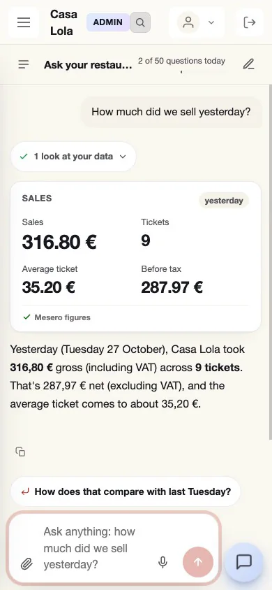 Ask your restaurant on a phone: asked «How much did we sell yesterday?», it answers with yesterday's sales card against the previous Tuesday and explains it below.