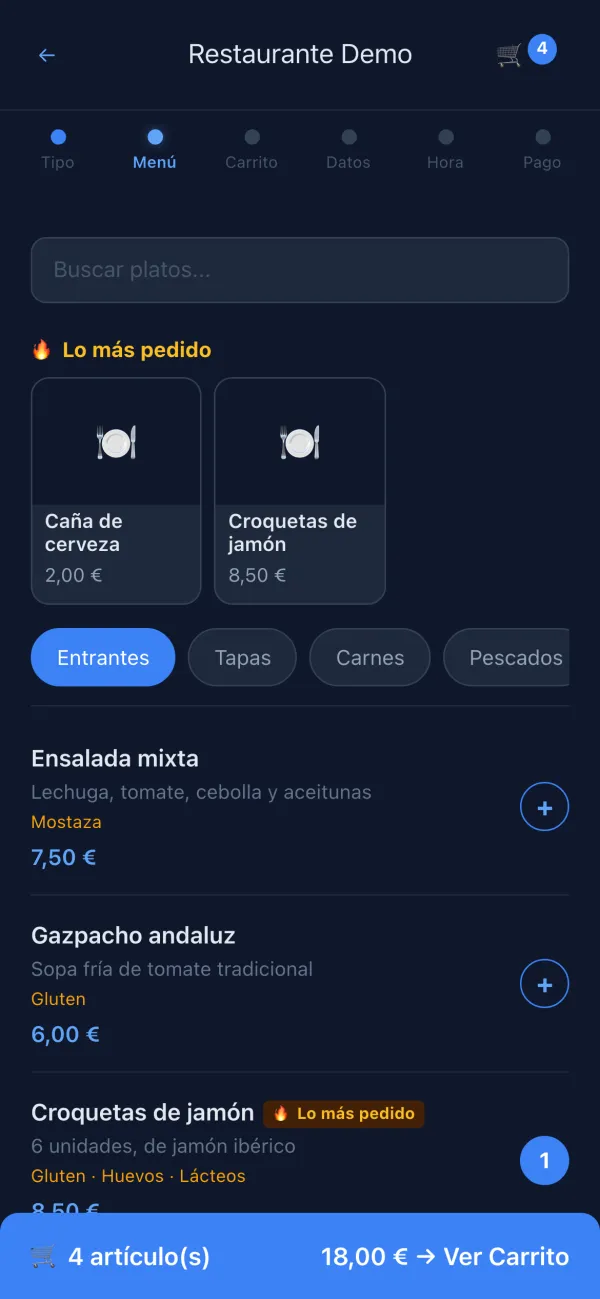 A restaurant's ordering site on a phone (Spanish interface): the menu by category, with photos and prices, and the cart at the bottom.