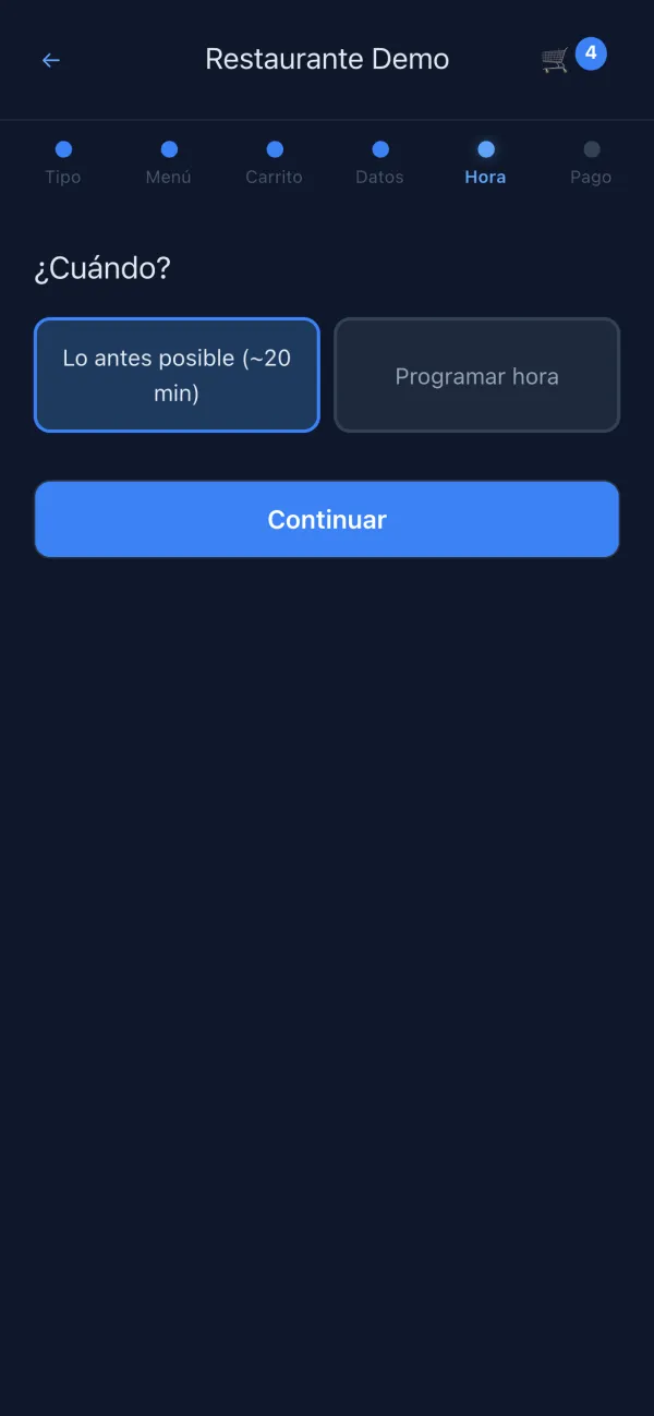 The ordering site on a phone (Spanish interface): the guest chooses when they want the order, as soon as possible or at a scheduled time.