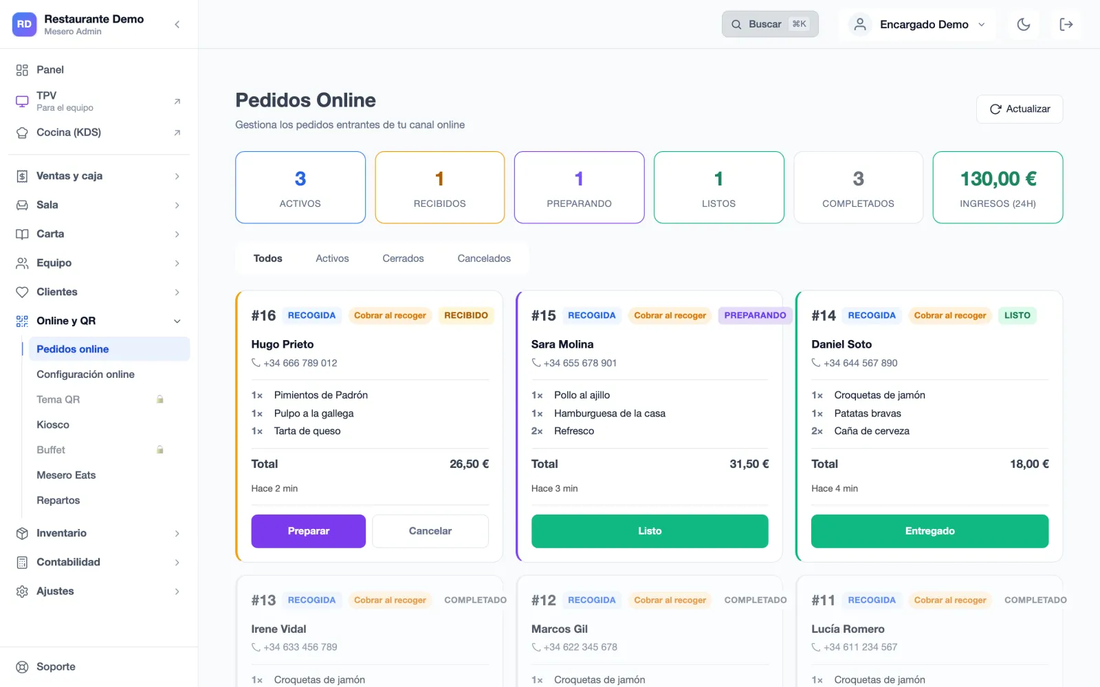 Mesero's Online Orders dashboard (Spanish interface): cards for active, received, preparing, ready and completed orders, and the list of pickup and delivery orders with their totals.
