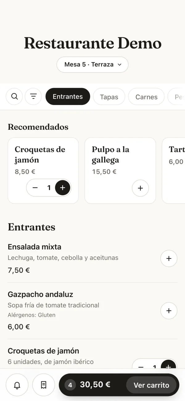 Mesero's QR menu on a phone (Spanish interface): Restaurante Demo, Table 5 · Terrace, the recommended dishes and the cart.