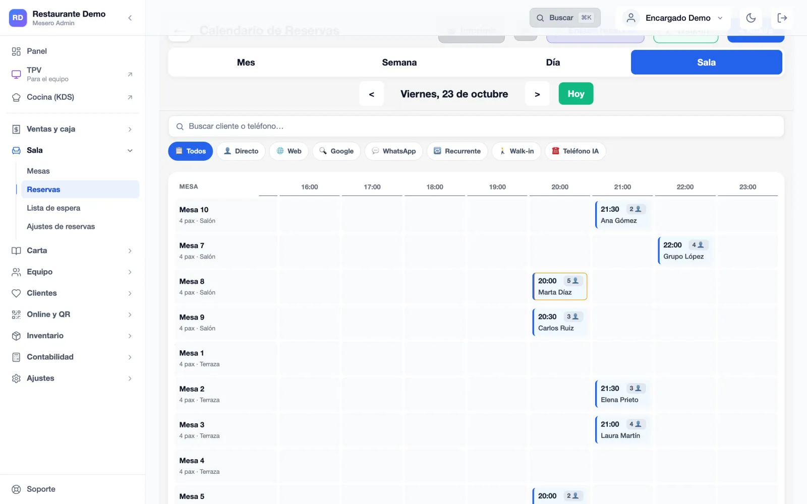 Mesero's booking calendar in Floor view (Spanish interface): each table on a row and each booking at its time, with its name and party size, for Friday 23 October.