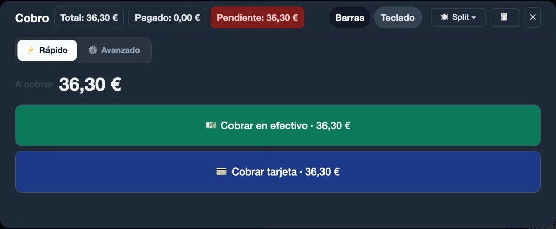 Payment in Quick mode (Spanish interface): total, paid and pending in view, and the buttons to charge cash or card.