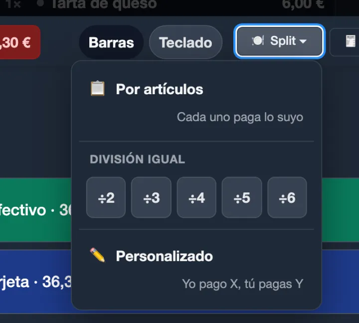 The POS's split-bill menu (Spanish interface): by item, equal split from 2 to 6 and custom.