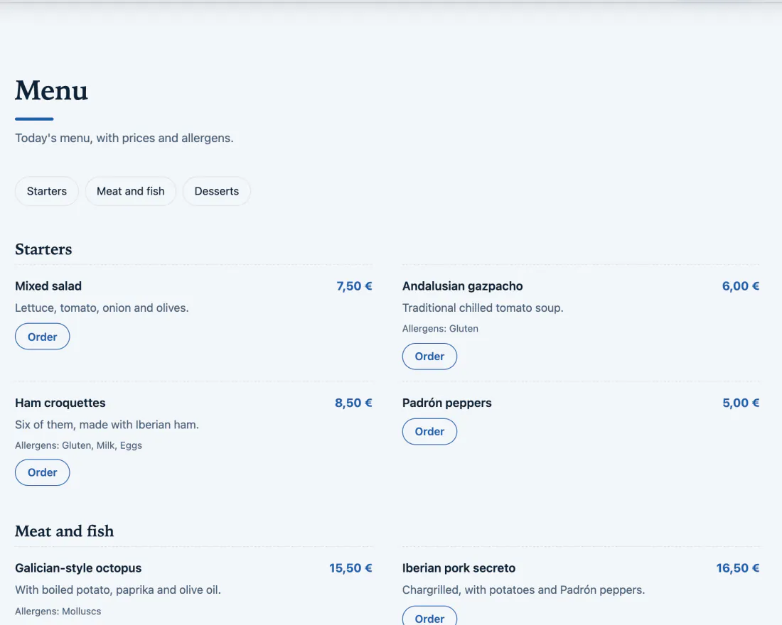 The menu on the website, in the Mediterranean design: the Starters, Meat and fish and Desserts categories, and each dish with its price, description, allergens and Order button.