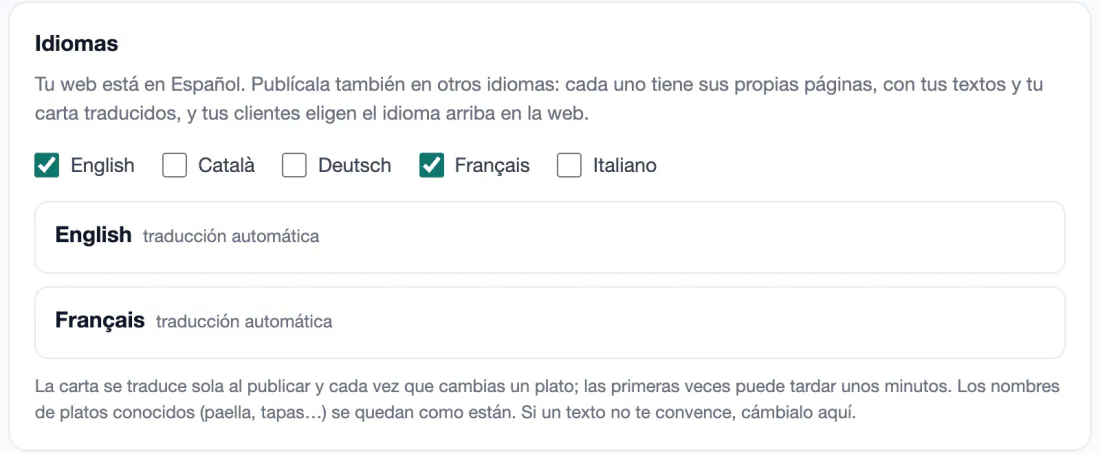 La tarjeta Idiomas de Mi web: la web está en español y se publica también en English y Français, con traducción automática; las casillas de Català, Deutsch e Italiano.