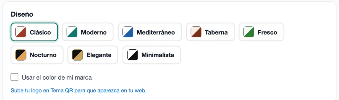 La tarjeta Diseño: Clásico, Moderno, Mediterráneo, Taberna, Fresco, Nocturno, Elegante y Minimalista, y la casilla «Usar el color de mi marca».