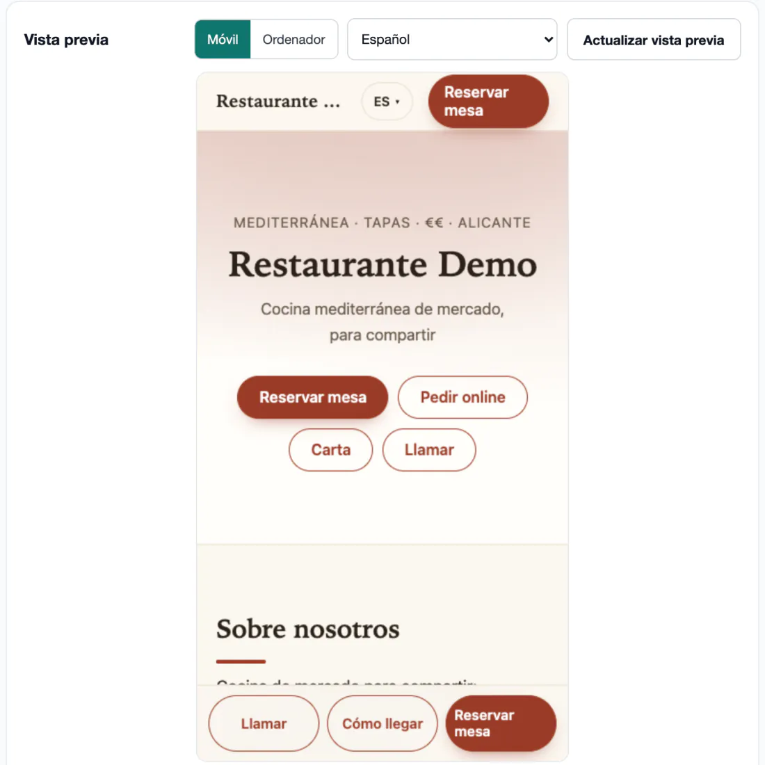 La vista previa en Mi web, en modo móvil: la portada de la web con su lema, los botones Reservar mesa, Pedir online, Carta y Llamar, y la barra de abajo con Llamar, Cómo llegar y Reservar mesa.