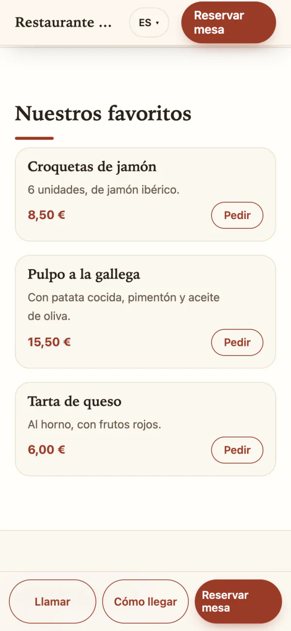 Los platos favoritos en la web, en el móvil: croquetas de jamón, pulpo a la gallega y tarta de queso, cada uno con su precio y su botón Pedir.