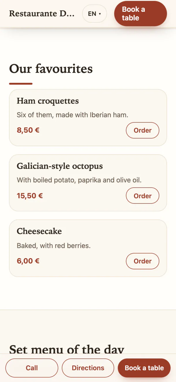The favourite dishes on the website, on a phone: ham croquettes, Galician-style octopus and cheesecake, each with its price and its Order button.