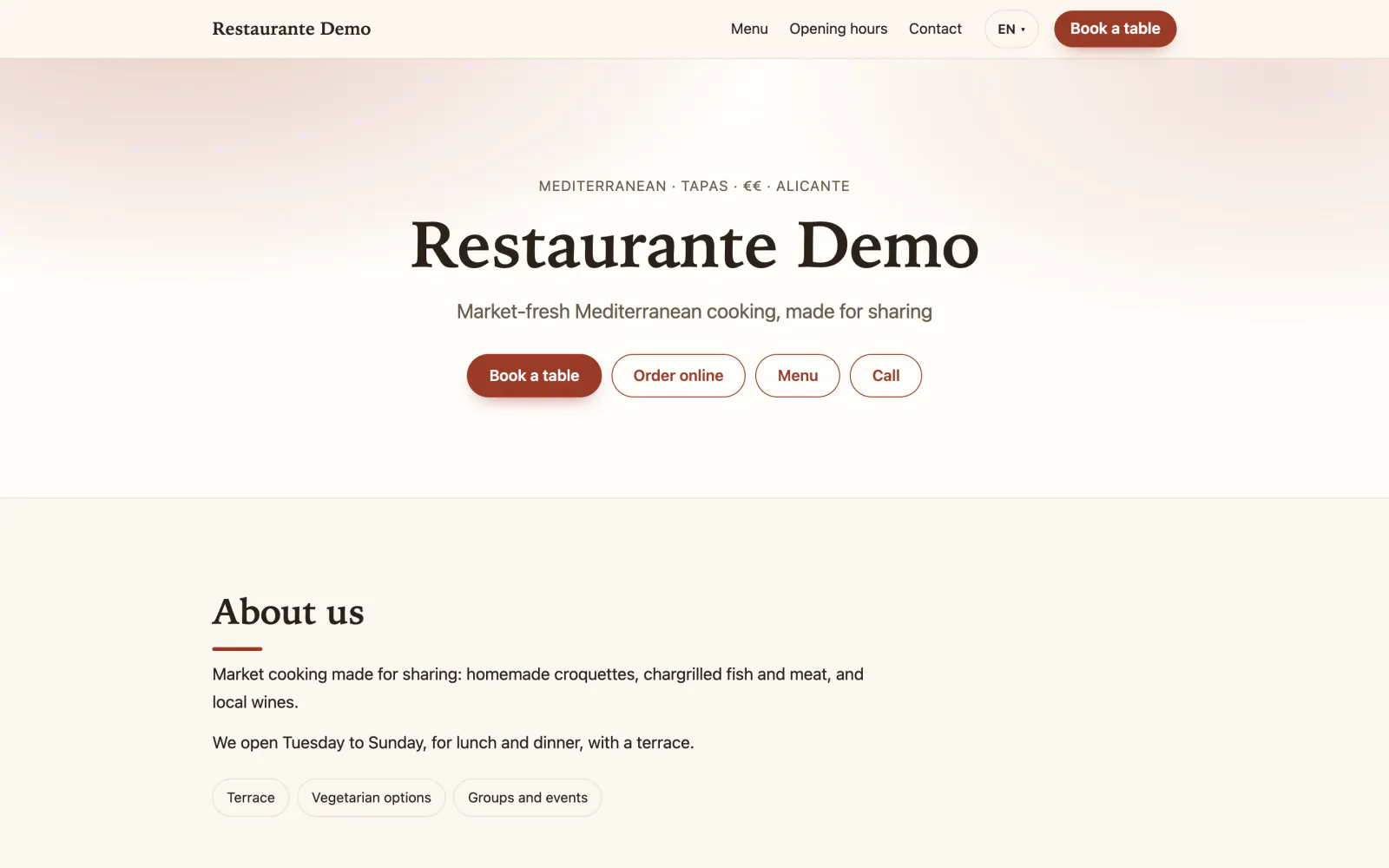 The front page of a website built by Mesero, in the Classic design: the restaurant's name, «Mediterranean · Tapas · €€ · Alicante», its tagline, the Book a table, Order online, Menu and Call buttons, the language picker and the «About us» with terrace, vegetarian options and groups.