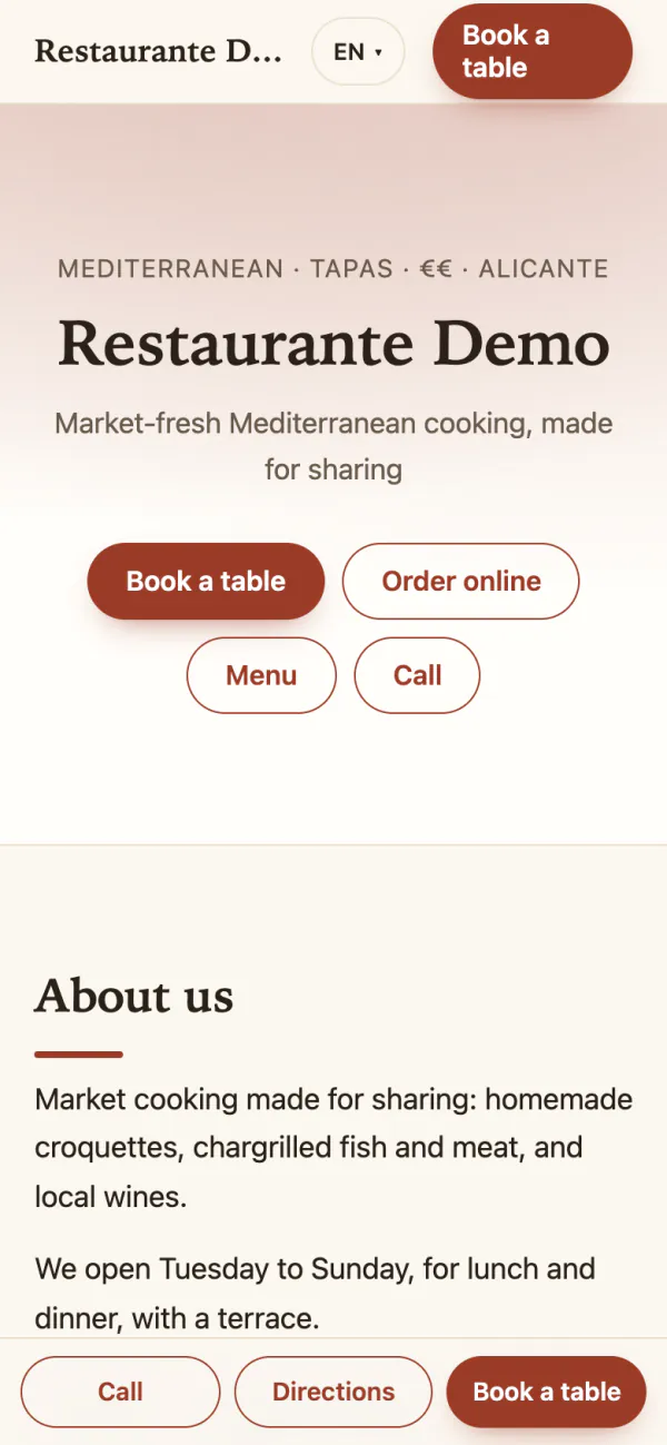 The website's front page on a phone, with the Book a table, Order online, Menu and Call buttons, and the bottom bar with Call, Directions and Book a table.