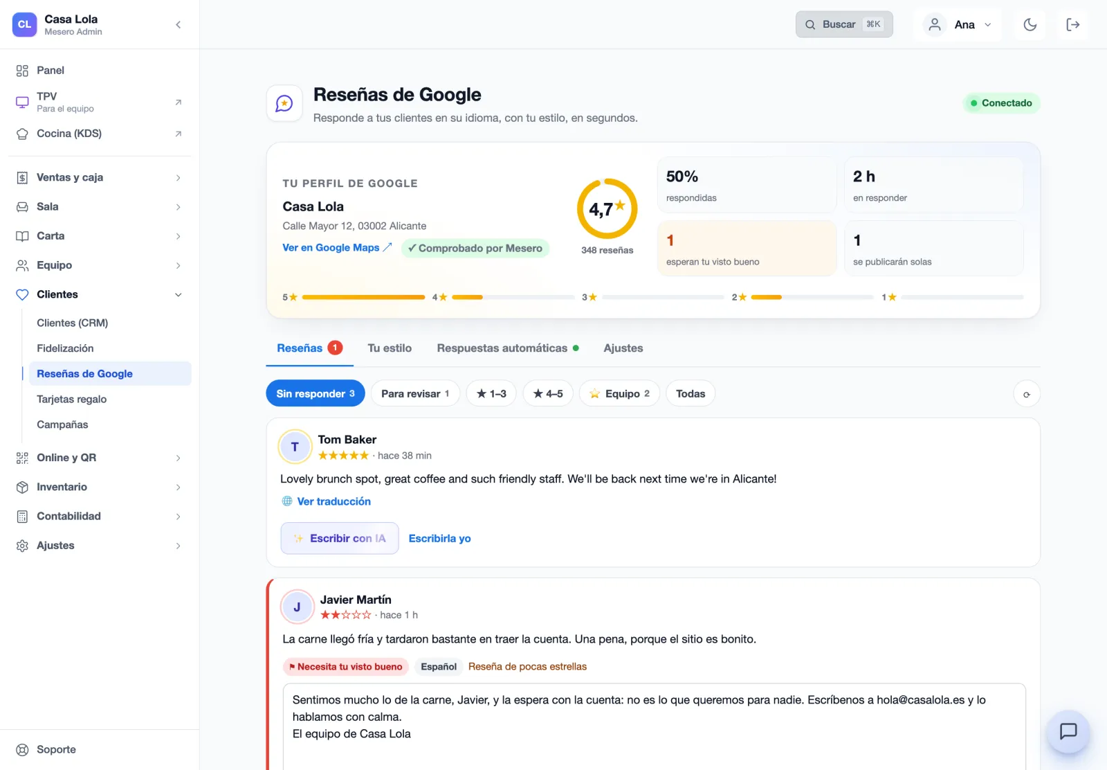 Mesero ha escrito en inglés la respuesta a la reseña de un cliente inglés; se puede publicar, retocar o descartar