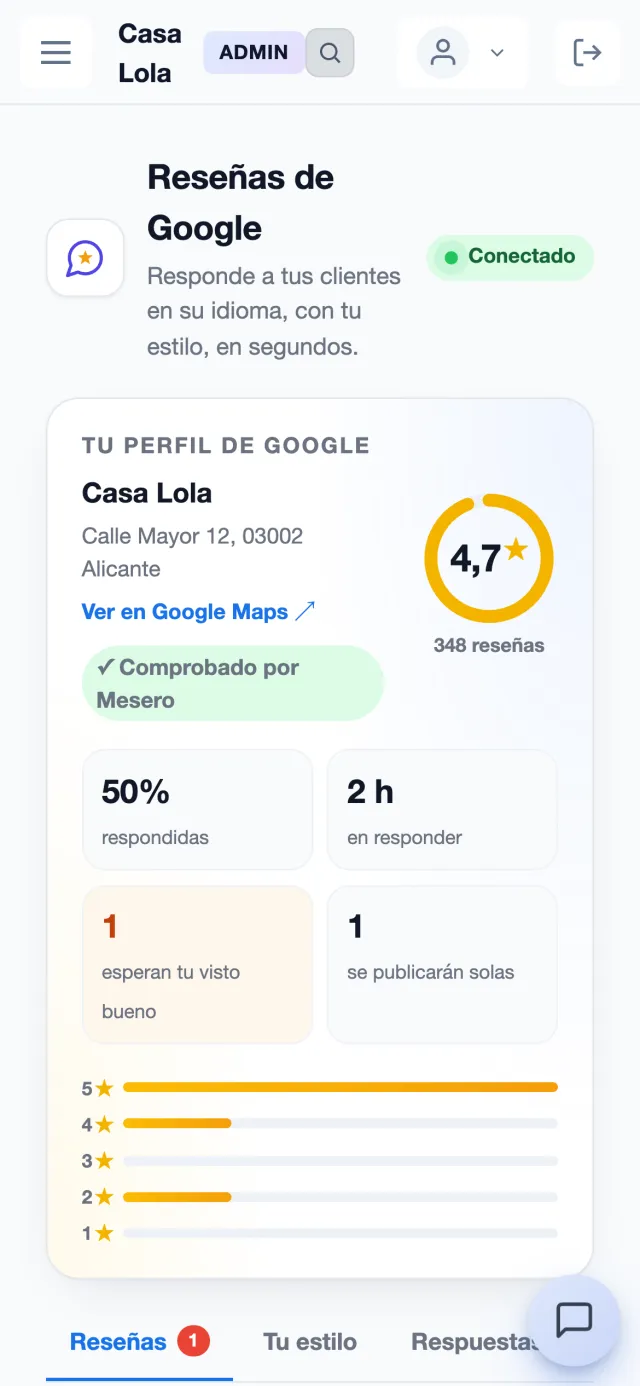 Reseñas de Google en Mesero, en el móvil: la valoración media, las reseñas respondidas y las que esperan al dueño